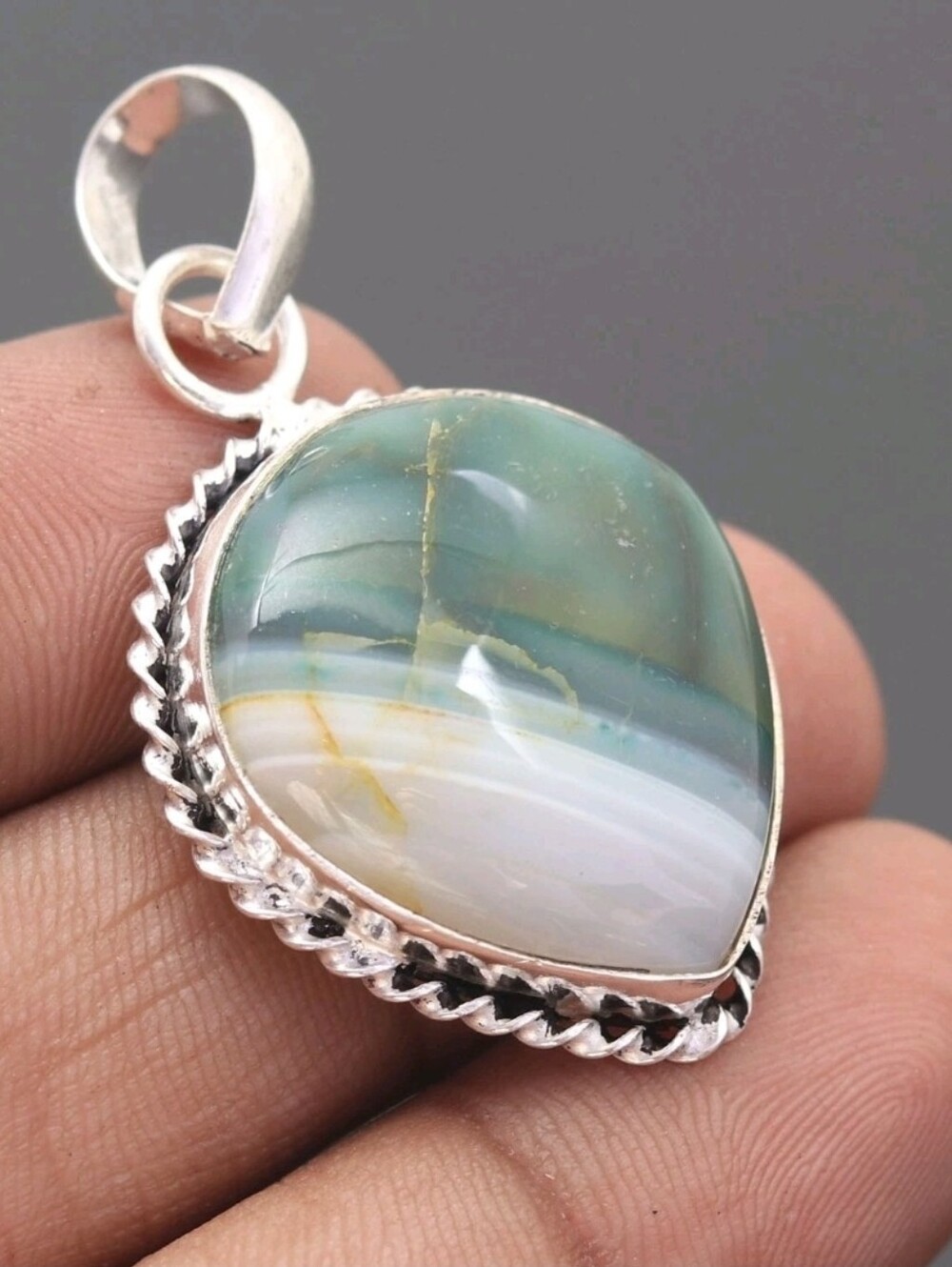 Natural Botswana Green Banded Agate Pendant in 925 Silver Setting New
